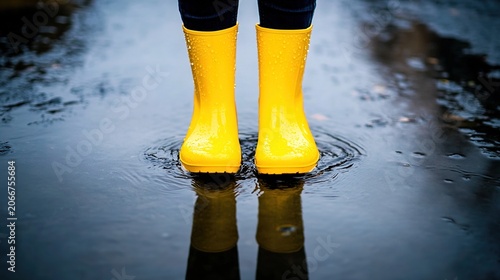 mud. Yellow rubber boots splash in a rain puddle, capturing dynamic water droplets. mobility guides, transit brochures, designed for transport & logistics marketing, used by copywriters.