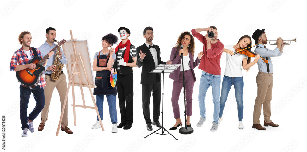 Obraz premium People of different artistic occupations, collection of portraits on white background. Choosing profession