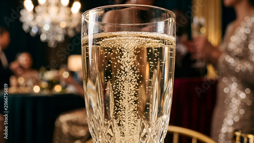 Close up of champagne glass with bubbles, elegant party background, celebratory mood