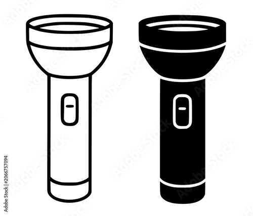 Minimalist flashlight icon, black and white in outline and silhouette design