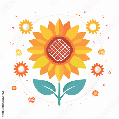 Stylized Sunflower Illustration with Smaller Flowers and Stars