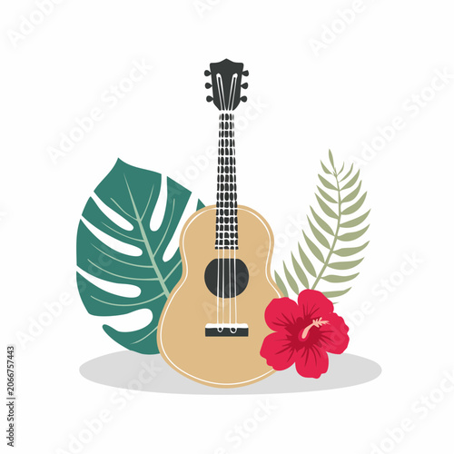 Ukulele with Tropical Leaves and Hibiscus Flower