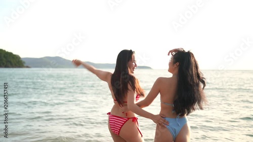 Two attractive young women in bikinis walking and laughing together on a sandy beach by the sea, enjoying a fun summer vacation, friendship, and a relaxing tropical getaway.