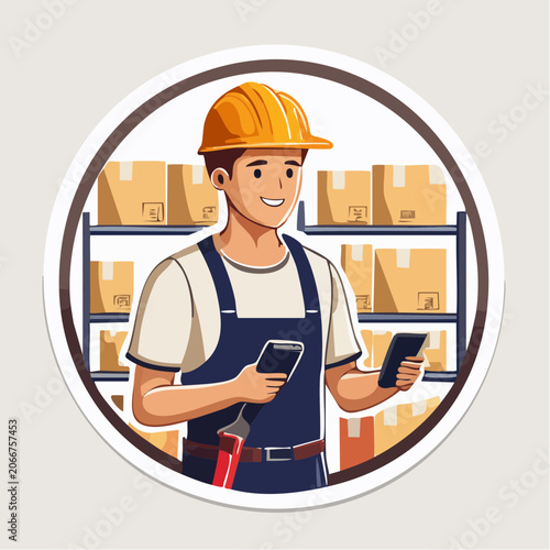 Warehouse Worker with Smartphones and Boxes