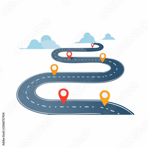 Winding Road with Location Pins and Clouds