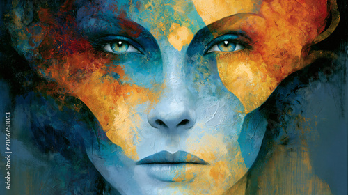 Intense Cosmic Woman Face with Blue Skin and Vibrant Eyes – Spiritual Astral Portrait
