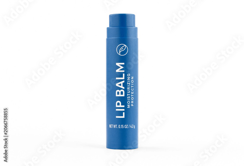 Blue lip balm tube with moisturizing protection label isolated on white background