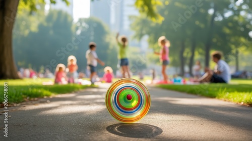 Colorful spinning top toy on paved park path with children playing in background vibrant outdoor childhood leisure activity scene