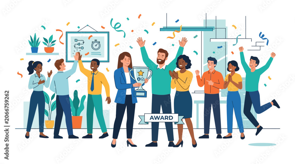 Fototapeta premium Celebrating Team Success: Diverse Employees Receive Award with Confetti