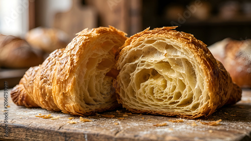 Freshly Baked Croissant Halved, Showing Flaky Layers | Bakery Food
