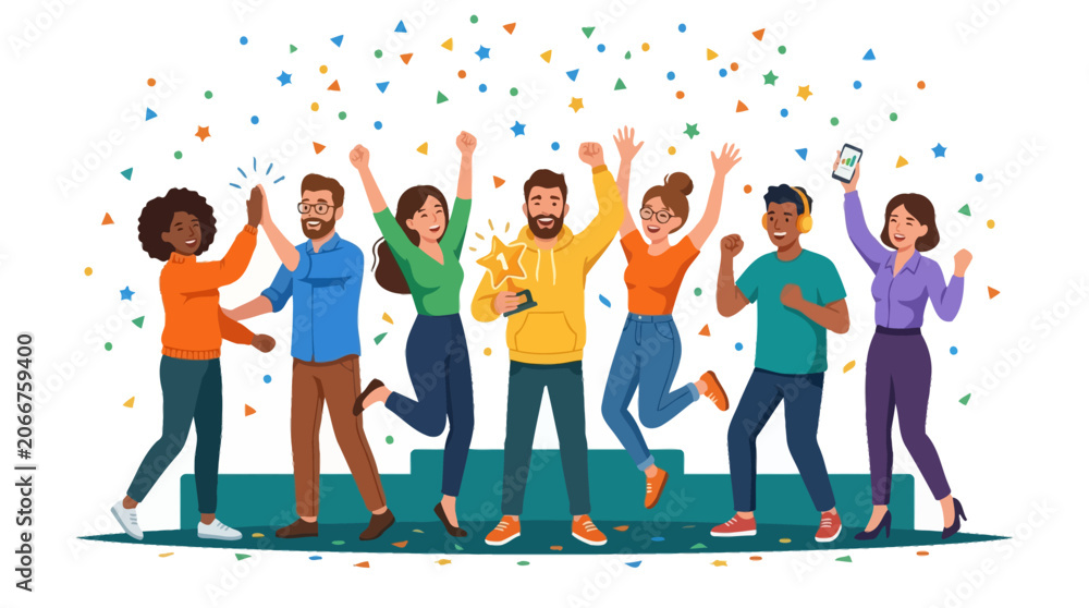 Obraz premium Diverse Group Celebrating Success with Confetti and Trophy - Teamwork Victory