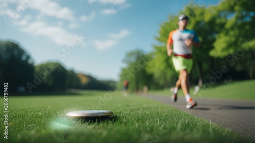 Runner on paved park path with green grass trees and circular metallic sensor marker under bright daylight outdoor fitness scene