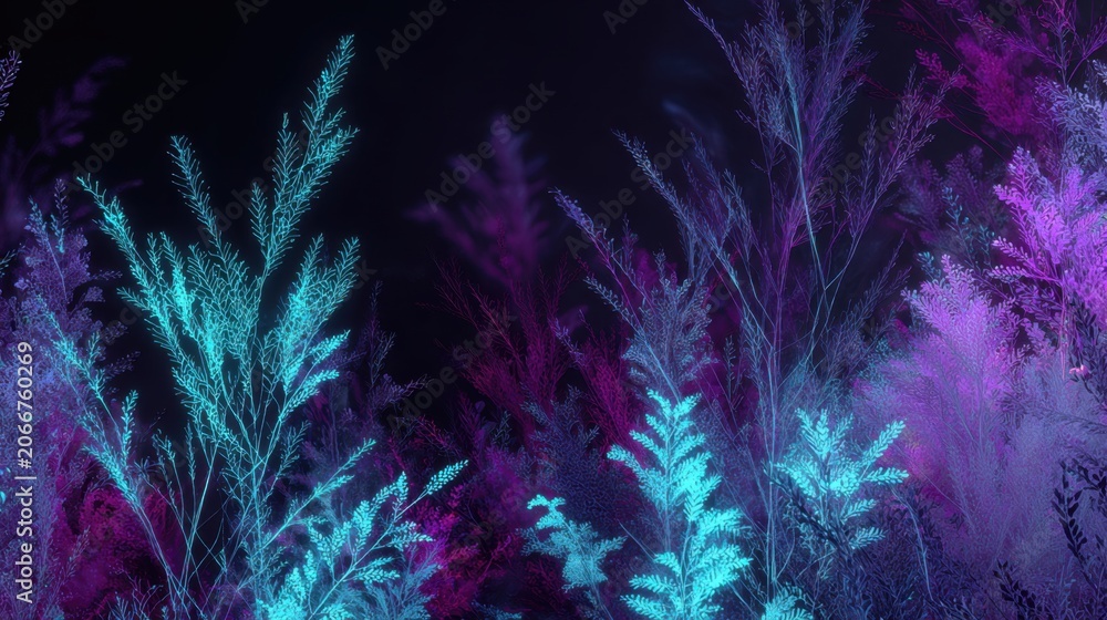 Fototapeta premium Glowing Neon Plants In Dark Fantasy Underwater Garden