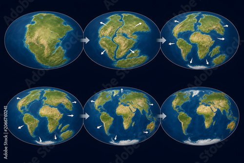 Pangaea breakup sequence showing continental drift evolution