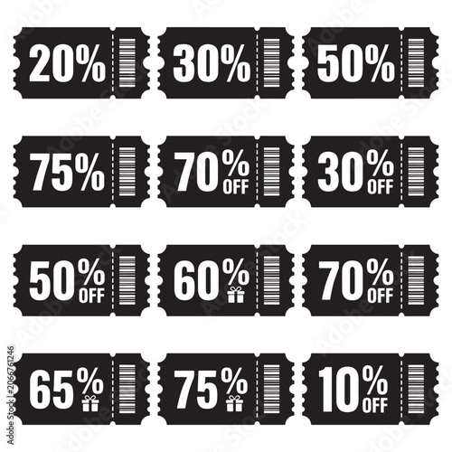 Black discount tickets with white text and barcodes