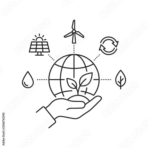 Vector illustration of a hand holding a plant with eco friendly symbols around the globe