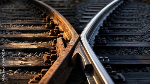 junction. Close-up of old and new railway tracks diverging, symbolic of change. mobility guides, transit brochures, designed for transport & logistics marketing, improves user orientation.