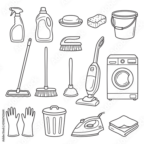 Line art illustration of various cleaning tools and household items