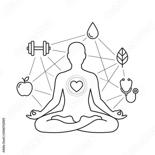 Line art illustration of a person meditating with health and wellness icons around them