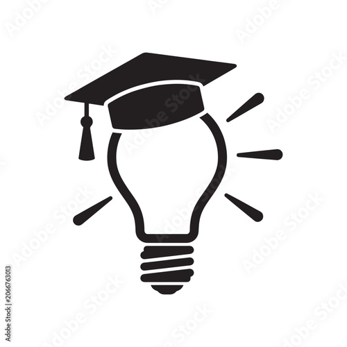 Graduation cap on a light bulb with rays