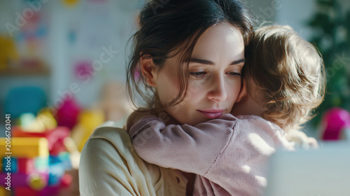 Woman holding toddler in playroom with toys. Warm embrace between mother and child in daycare or nursery setting with colorful building blocks background.