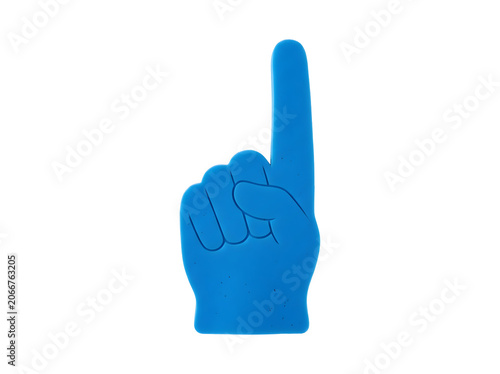 Foam finger blue showing number one gesture representing victory success achievement and sports fan support, isolated on transparent