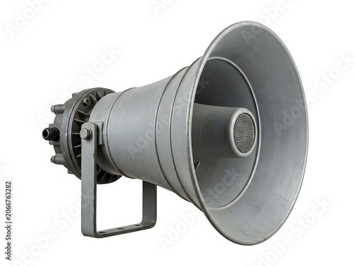 Loudspeaker horn gray metallic public address speaker, isolated on transparent background