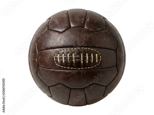 Soccer ball vintage brown leather with classic hand stitched lacing and distressed texture, isolated on transparent background