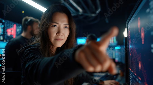 Asian woman tech professional analyzing data on digital screens in modern control room. Focused operator working with holographic displays in futuristic technology environment with team colleagues.