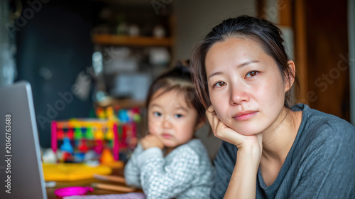 Stressed Asian mother working on laptop while caring for young toddler at home. Woman looks worried and overwhelmed balancing work and childcare responsibilities with toys visible in background.