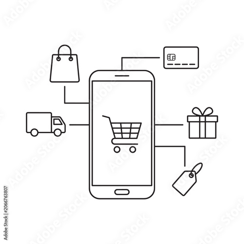 Black and white line drawing of a mobile phone with shopping icons