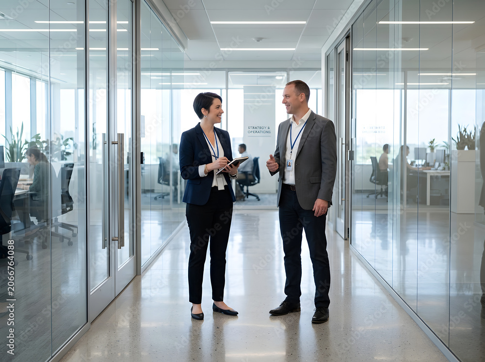 Fototapeta premium Business professionals discussing project in office hallway
