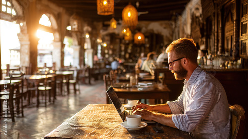 Bearded man working on laptop at outdoor café table at night, enjoying coffee in Mediterranean-style courtyard with warm ambient lighting and historic architecture.