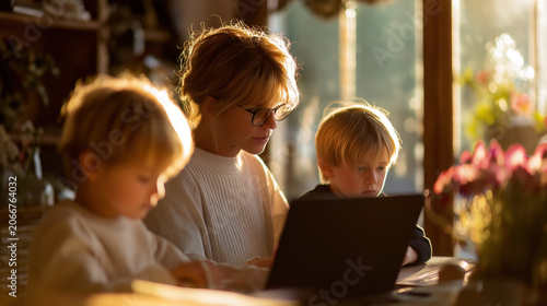 Woman with two young children using laptop together by sunny window with flowers. Warm golden light illuminates family during computer learning activity at home.