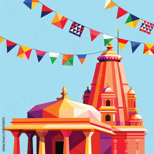 Poly-Prism Puja: Saffron Spire Under Azure, Geometric Festivity