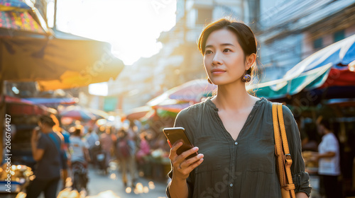 Young Asian woman holding smartphone in bustling outdoor market during golden hour. Tourist exploring street market with colorful awnings and crowds in background.
