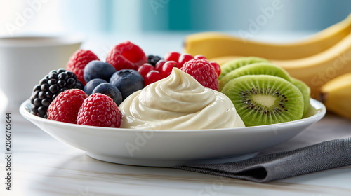 Banana kiwi berries and yogurt breakfast with soft microbiome overlay showcasing digestive wellness and healthy morning nutrition concept