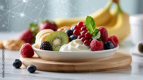 Banana kiwi berries and yogurt breakfast with soft microbiome overlay showcasing digestive wellness and healthy morning nutrition concept
