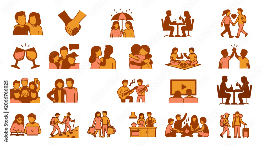 Fototapeta premium Diverse Human Interactions and Activities in a Varied Icon Set on Clear Illustration