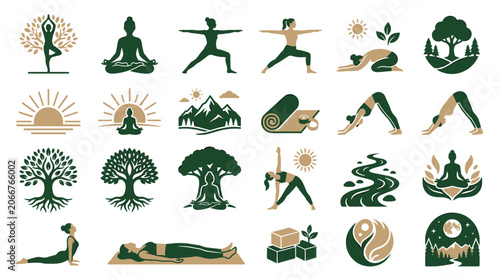 Collage of diverse yoga poses and nature symbols for health wellness and mindful living