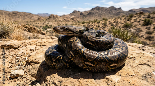 A Python Coiled on a Sun-Warmed Rock in a Desert Landscape