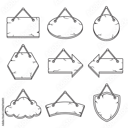Collection of various hanging signs and labels in different shapes and styles