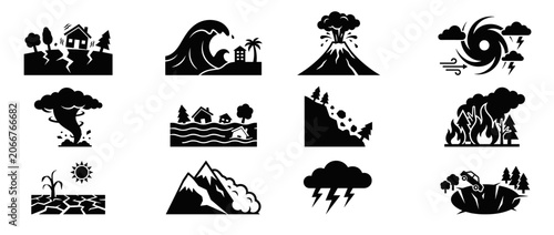 Set of black icons illustrating various natural disasters environmental hazards and catastrophic events