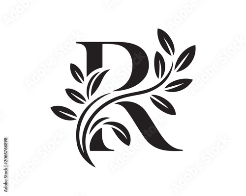 Elegant Monogram Letter R Logo with Floral Elements and Leaves in Black Color