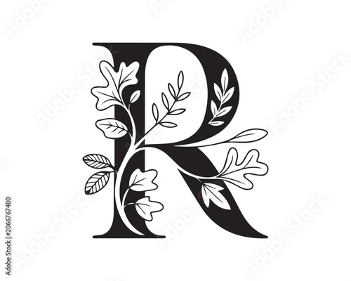 Large Letter R Monogram with Leafy Floral Elements in Black and White