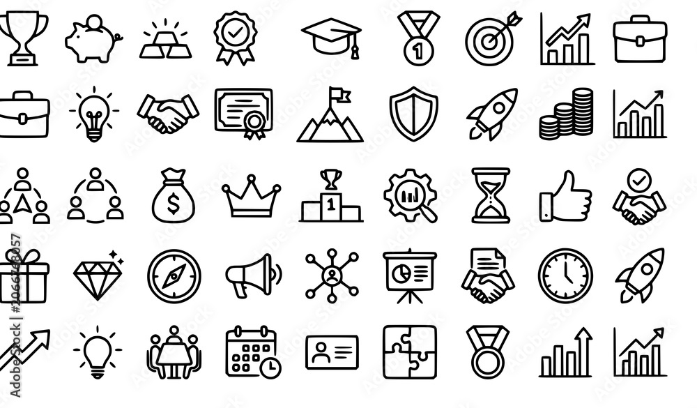 Naklejka premium Create a professional vector illustration featuring a set of 45 business and achievement outline icons arranged in a clean 5x9 grid layout on a solid white background. Include icons such as trophy, pi