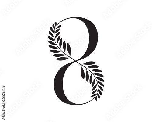 Elegant Number Eight with Laurel Leaves Vector Graphic in Black
