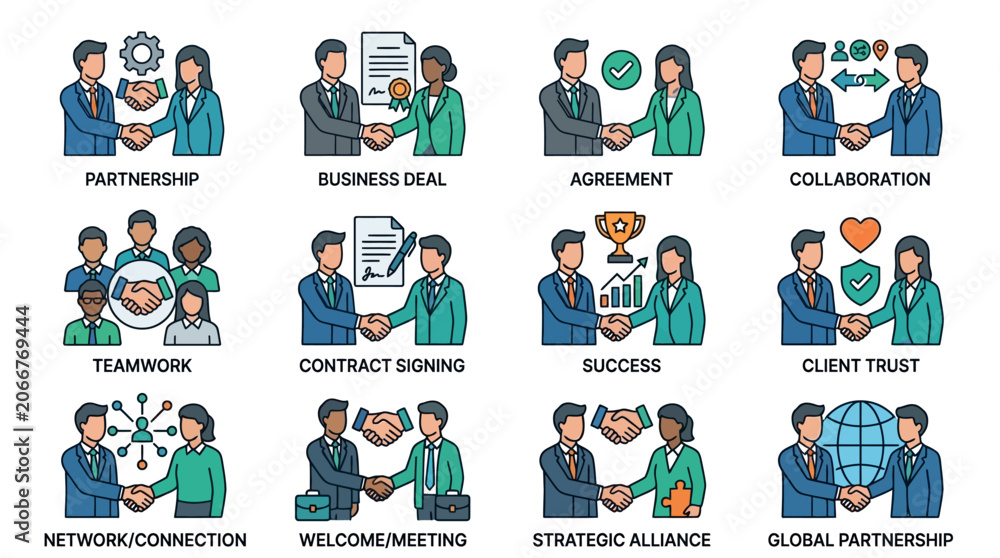 Fototapeta premium Business Partnership and Agreement Icons: Handshake, Deal, Success, Collaboration