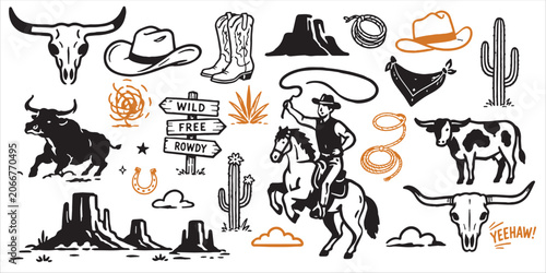 Fotografía western doodle with bone, cowboy, cow, horse, for tshirt or other uses