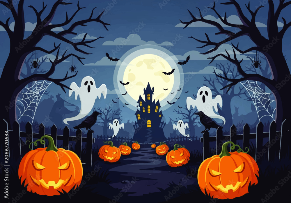 Fototapeta premium Spooky Halloween night scene with a haunted castle, glowing pumpkins, and friendly ghosts in a vector flat design